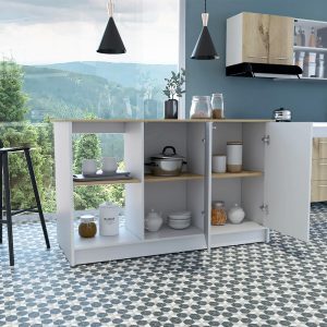 Coral Kitchen Island, Two Cabinets, Four Open Shelves